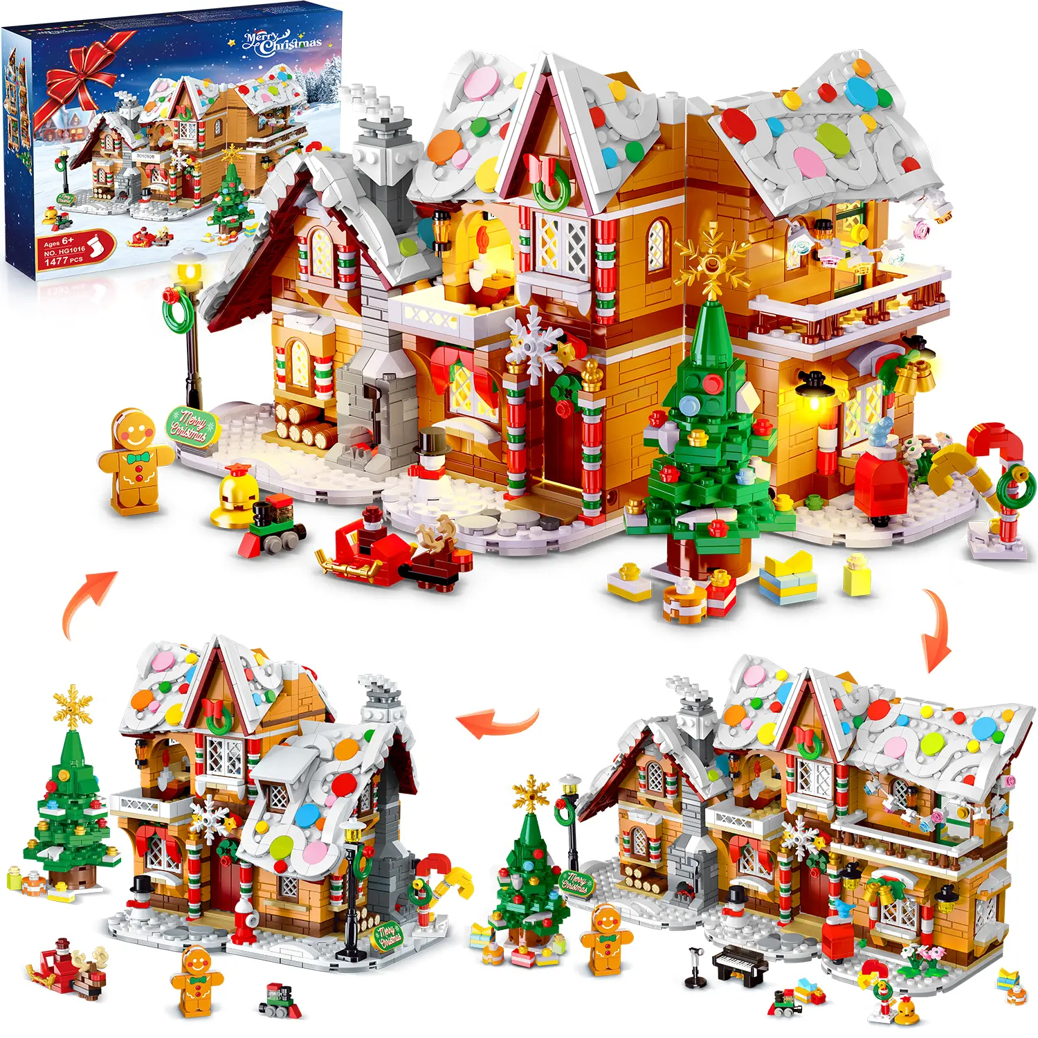 Gingerbread House Building Set, 3-in-1 Christmas Village Toy with LED Lights, 1477 Pieces for Kids Ages 8 and Above & Adults, Fun Decoration for Christmas Parties, Encourages Critical Thinking, 3-Style Sets