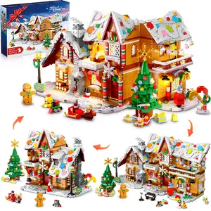Snow Village (Santa Claus, Christmas Tree, Train) 3-Style Christmas Gingerbread House Building Set with LED Lights 1477 Pieces Suitable for Adults and Children Aged 6 and Above