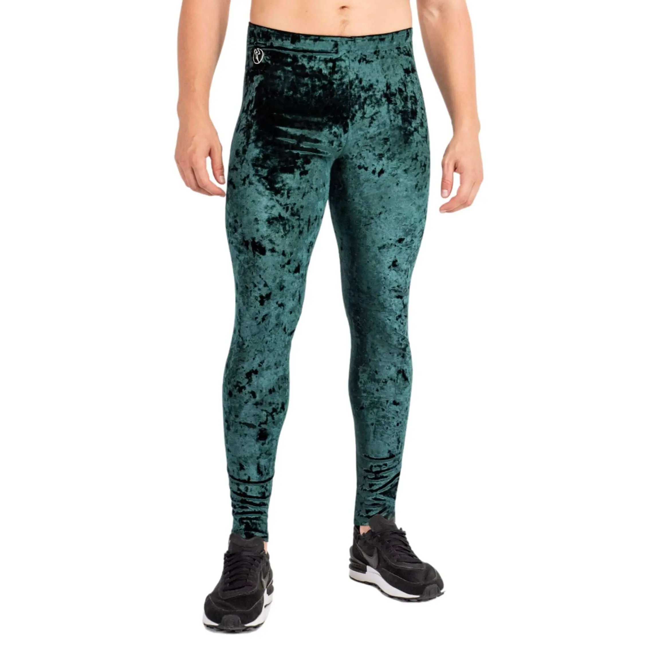 Kapow Meggings Green Crushed Velvet Dragon Men's Leggings - Luxe Lounge & Festival Fashion, 4-Way Stretch, Adjustable Drawstring, Machine Washable Gusset Embroidered