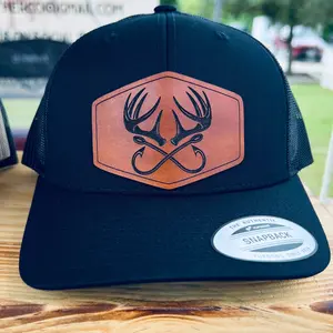 Antlers and Fishing Hooks Leather Patch on a Yupoong Snapback  Classic Hat, Hunting Fishing
