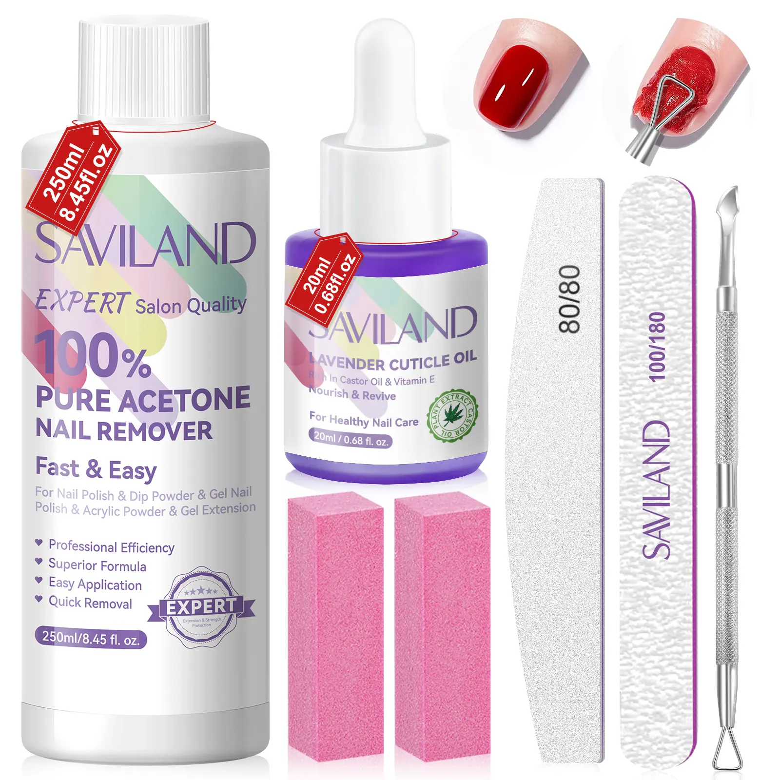 SAVILAND Acetone Nail Polish Remover Kit: Powerful Gel Remover Castor Oil & Vitamin E Nail Repair Plus Nail File Buffer Tools Removing Dip & Acrylic