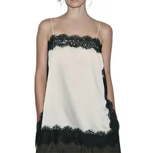 Women’s lace vest, satin square neckline, side-slit open-front design, sleeveless with thin silk straps, loose fit for outdoor wear, cute girls’ vest/shirt, elegant top