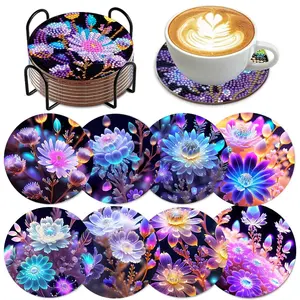 8-Piece DIY Diamond Painting Kit, Floral Theme Wooden Coasters Set, Handmade Gifts, Perfect Gift for Adults & Beginners, Fun Holiday Present