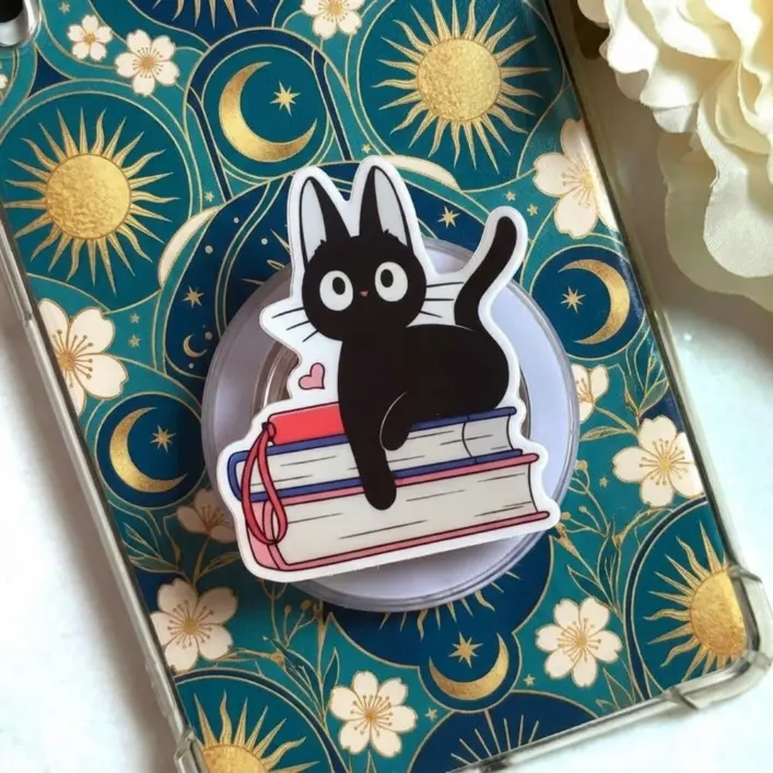 Black Cat Book Stack Magnetic Phone Grip & Stand, Magsafe Bookish Cat Phone Holder, Kitty Reader Grip,  Phone Accessory