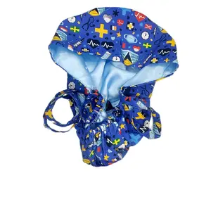 St Lucian Themed Satin-lined Nurse Cap with Backflap - Blue Medical Print Design