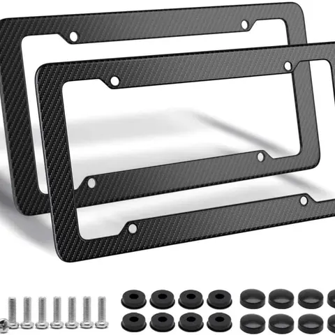 Carbon Fiber License Plate Frame - 2 Pack with Fasteners, Screws, and Mounting Holes, Waterproof Plastic Number Plate Holder, Black Color