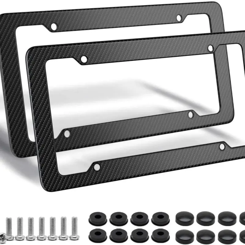 Carbon Fiber License Plate Frame - 2 Pack with Fasteners, Screws, and Mounting Holes, Waterproof Plastic Number Plate Holder, Black Color