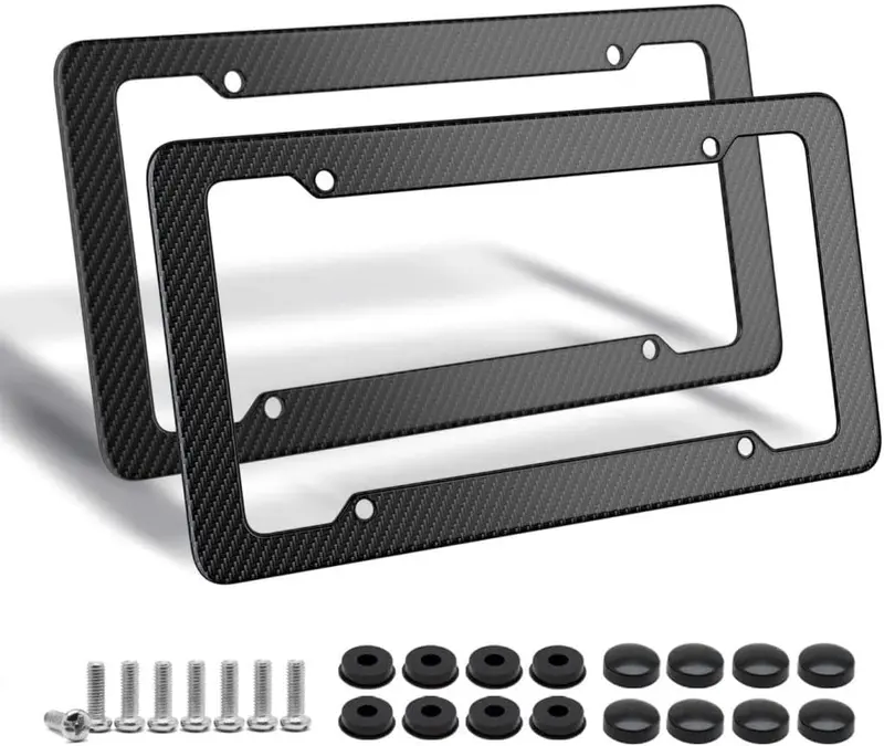 Carbon Fiber License Plate Frame - 2 Pack with Fasteners, Screws, and Mounting Holes, Waterproof Plastic Number Plate Holder, Black Color
