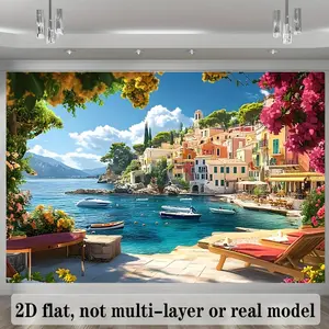 Italy Coastal City Scene 2D Flat Banner Polyester Decor for Home Room Wall Party Background Props White Ornaments