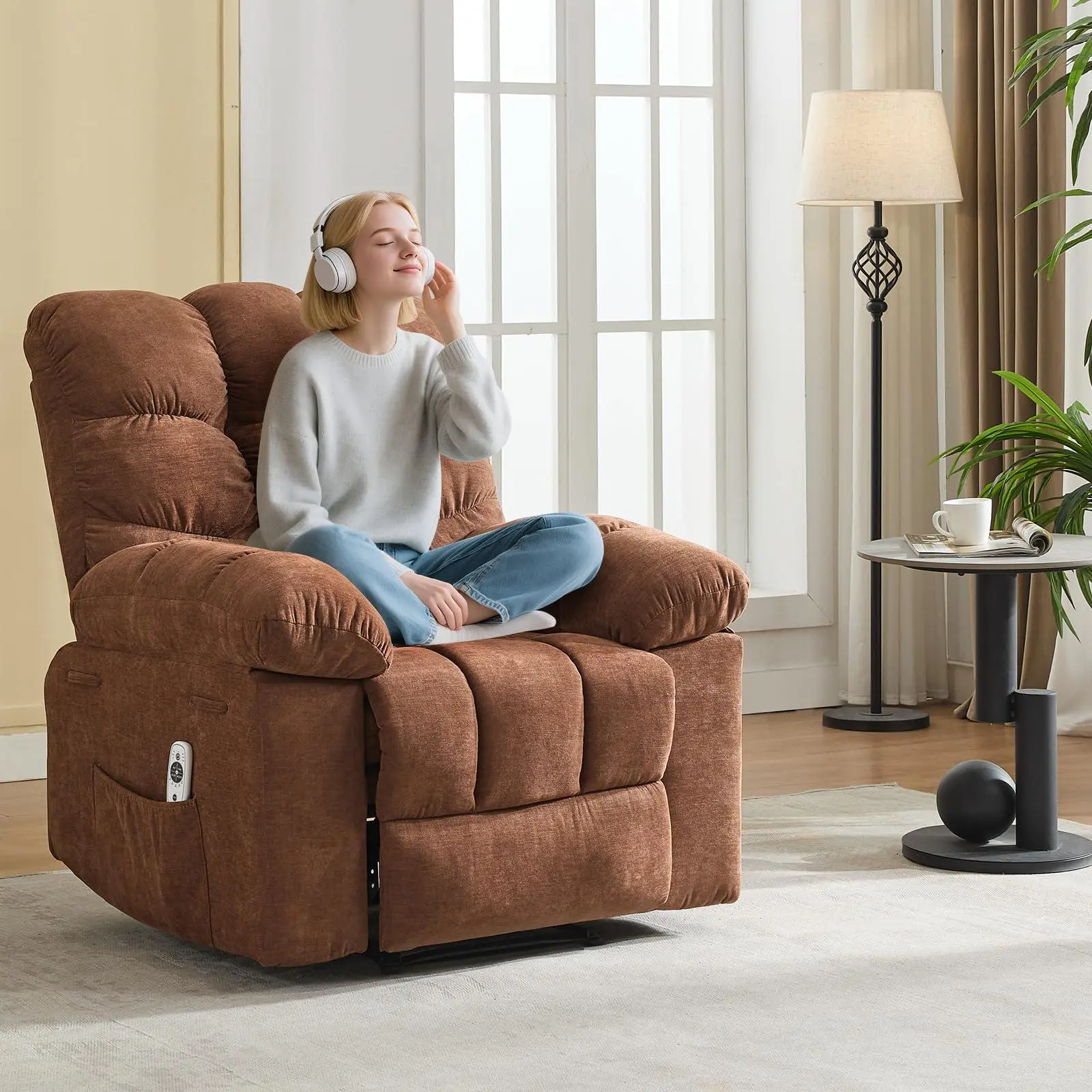 GARVEE Recliner Chair, Wide Rocker Chair,Rocking Chair with Massage and Heat,Heat Ergonomic Overstuffed Breathable Fabric Reclining Chair with 2 Side Pockets,Remote Control,Living Room,Bedroom,Darkbrown