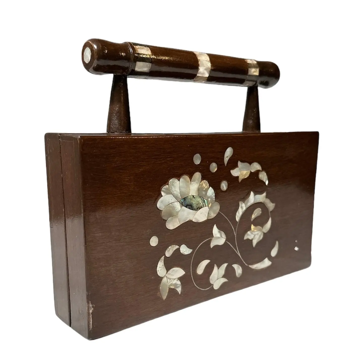 Handmade Rectangular Walnut Wood Handbag with Mother of Pearl Inlay, Thin Floral Design – Authentic Middle Eastern Craft