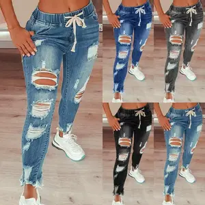 Women's trendy high waist ripped elastic waist drawstring jeans riden jeans  jeans Pants Denim