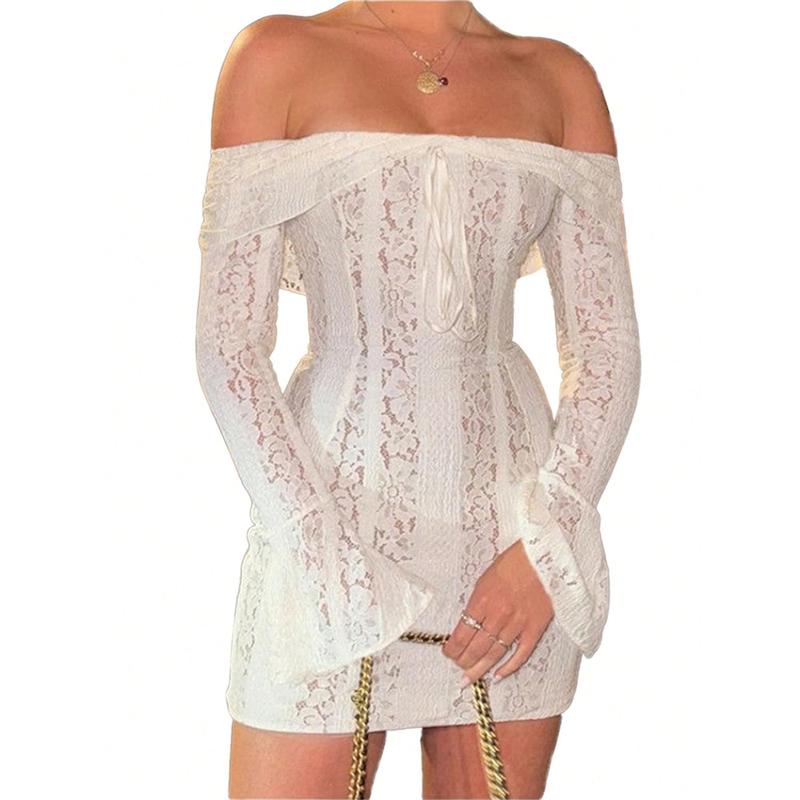 Women Off Shoulder Lace Dress Floral Pattern Bow Ruched Boat Neck Long Sleeve Slim Fit Short Dresses Formal White