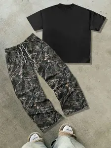 Men's Casual Two-Piece Set, Solid Color Round Neck Short Sleeve T-Shirt & Camo Pants, Loose Fit Street Style for All Seasons