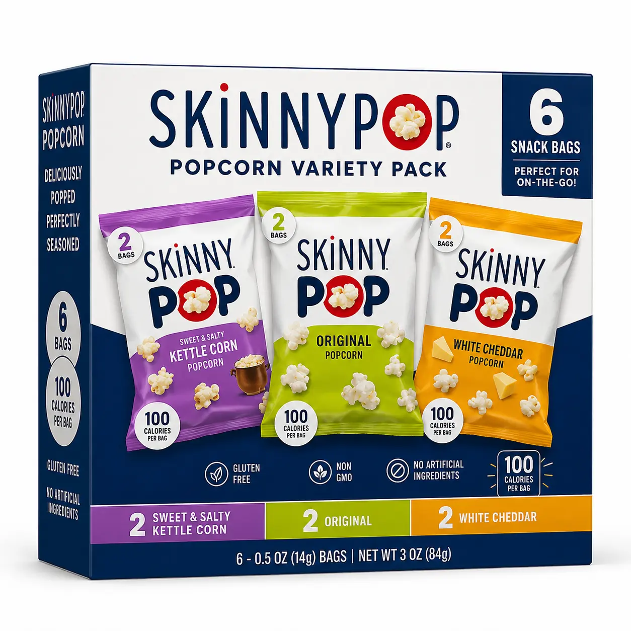 Crunchy Popcorn Variety Snack Pack, Assorted Flavors, 6 Individual 0.5 oz Bags, Ready-to-Eat Light Snack Box for Home, School, Office & Travel