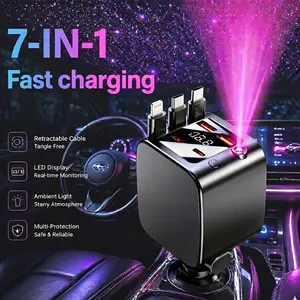 120W retractable car charger with 7-in-1 fast charging hub, featuring a starry LED galaxy projector, PD 20W/65W USB-A multi-port adapter, and is a premium travel essential for iPhones, Samsung phones, Android phones, and tablets.