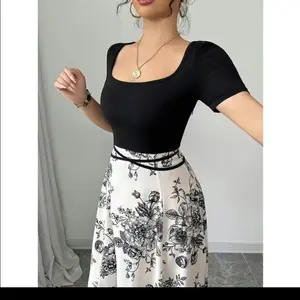 elegant women dress slim fit with round y short sleeves with floral print.