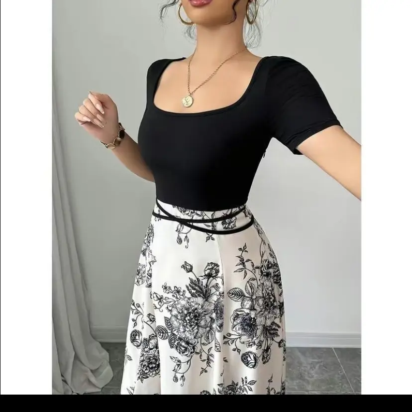 elegant women dress slim fit with round y short sleeves with floral print.