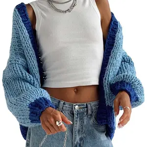 Women's Fall Sweater Cardigan Contrast Color Long Sleeve Open Front Loose Knit Coat