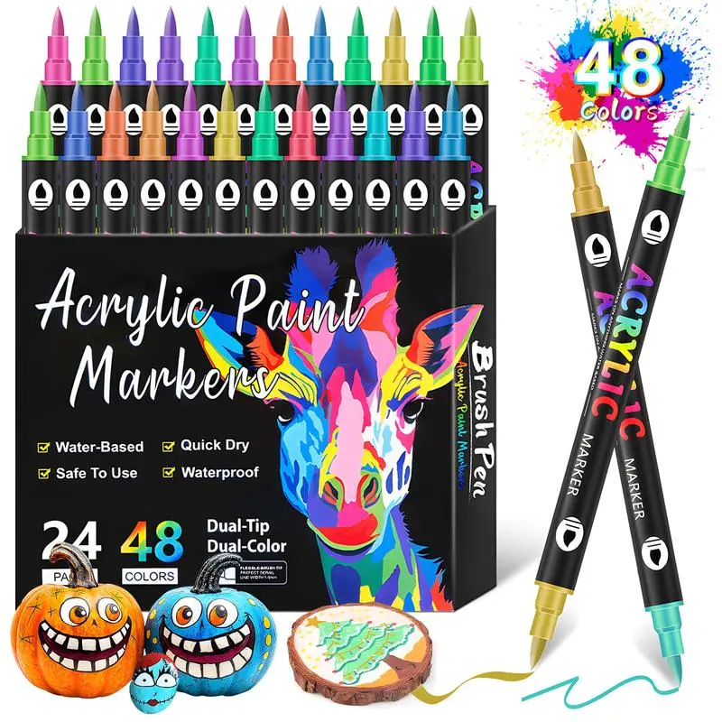 Acrylic Paint Markers Set (24/36/48 Pack)  Premium Acrylic Paint Pens，Dual Tip Drawing Marker Pen for Rock Painting,Ceramic,Wood,Plastic,Calligraphy,Scrapbooking,Brush Lettering,Card Making,DIY Crafts