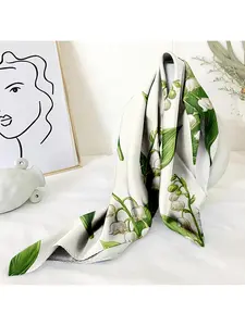 Lily of the Valley Floral Print Silk-Like Square Scarf for Women - Lightweight Headscarf, Beach Cover-Up, Festival Accessory, Stylish Hijab & Neck Wrap, Perfect for Spring Celebrations, Mother’s Day, Wedding Guest Looks, Elegant Botanical Style