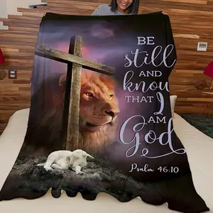 1 Piece God and Lion Cross Flange Blanket, Friend Gift Blanket, Sofa Bed Sofa Office Camping Rugs