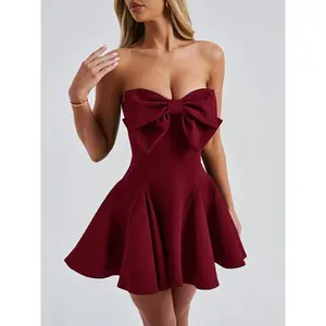 Christmas Plain Bow Halter Dress, Sleeveless Fitted Short Dress for Party & Evening, Elegant Zipper Design, All Seasons Wear