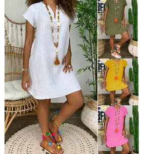 Summer Loose Solid Color Short Sleeve V-neck Cotton Linen Dress Women's In Stock DressGift
