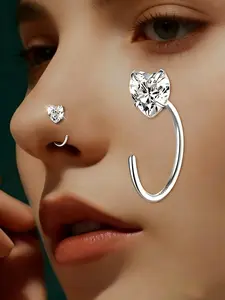 Single Piece, 1pc, S999 Silver Women's Fashion Nose Jewelry with Heart Hook, Synthetic Zirconia Inlay, Artificial Zircon and Rhinestone Nose Ring – Unique Hip-Hop Elegant Sexy Design for Parties & Daily Wear By Ladles