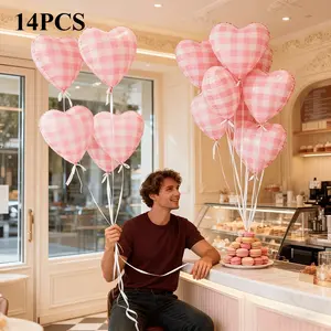 14 Sets 18 Inch Plaid Foil Balloons, Helium Filled, Reusable with Seal Device, Perfect for Valentine's Day, Wedding, Birthday, Anniversary, Proposal Decorations