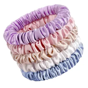Silk Hair Ties for Women:  Mulberry Skinny Silk Scrunchies, Soft Smooth No  No Crease for Thin Fine Curly Hair 5 Pack, Light