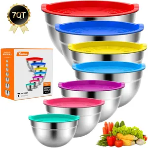 TINANA Mixing Bowls with Lids: 7 Pack Stainless Steel Mixing Bowls Set, Metal Nesting Mixing Bowls for Kitchen, 7/4.5/3.0/2.0/1.5/1.0/0.7QT, Great for Prep, Baking, Serving, Multicolor