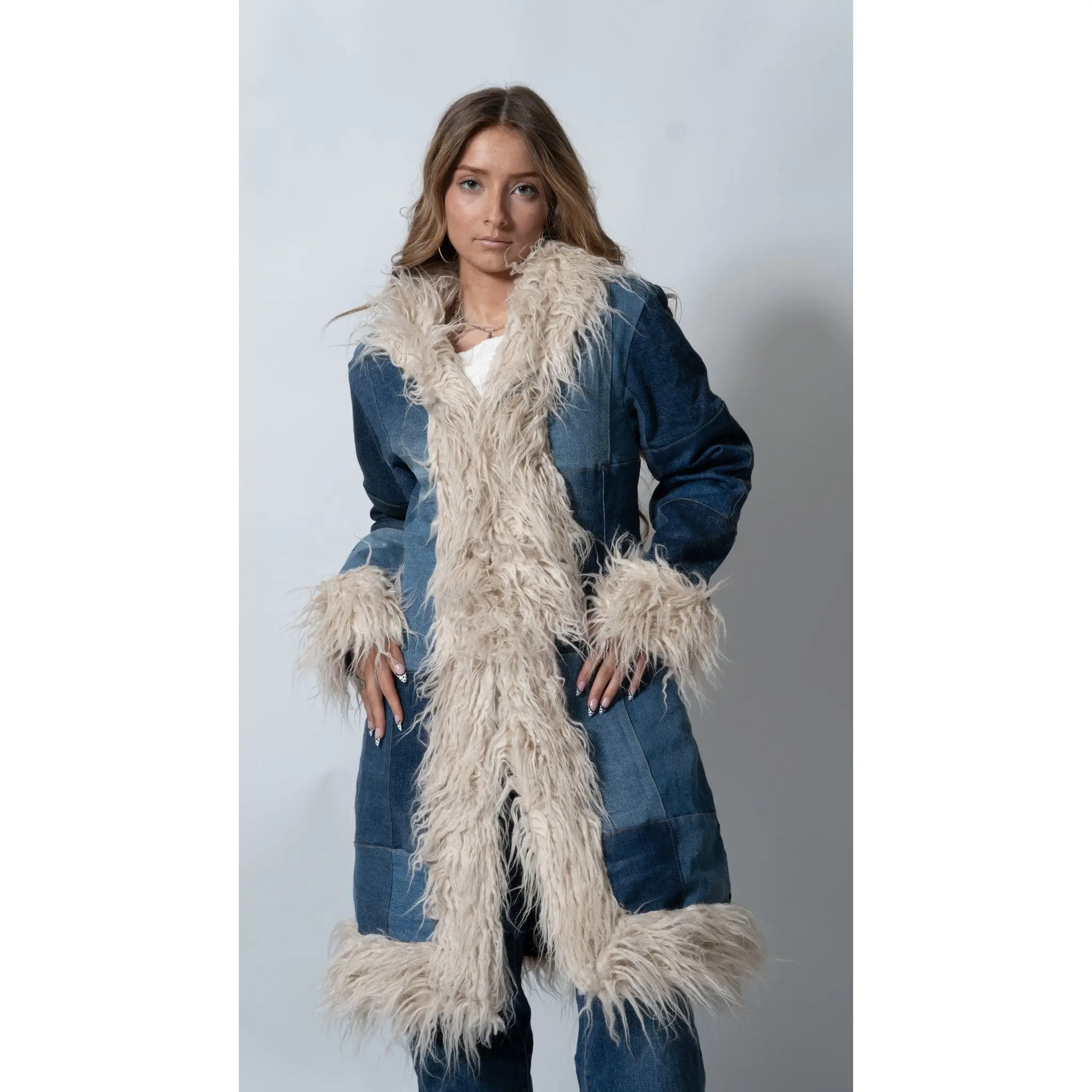Upcycled Denim Patchwork Fur Penny Lane Coat
