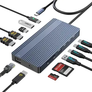 USB C Docking Station, 14 in 1 USB Hub for 3 Monitors, Dual 4K@60Hz HDMI & USB-C Video, 4xUSB-C(10Gbps),3X USB-A, Ethernet, SD/TF& 3.5mm Audio - Multiport Adapter for // (Gray)