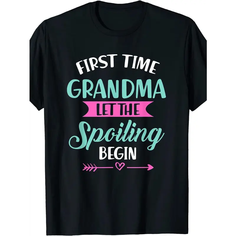 [100% Cotton] Women'S Pure T-Shirt - First Time Grandma Let The Spoiling Begin Funny New Grandma Gift, Turquoise & Pink Lettering With Hearts & Footprints Design, Casual Round Neck Short Sleeve Tee For New Grandmothers Golf Gift T-Shirt For Men And Women