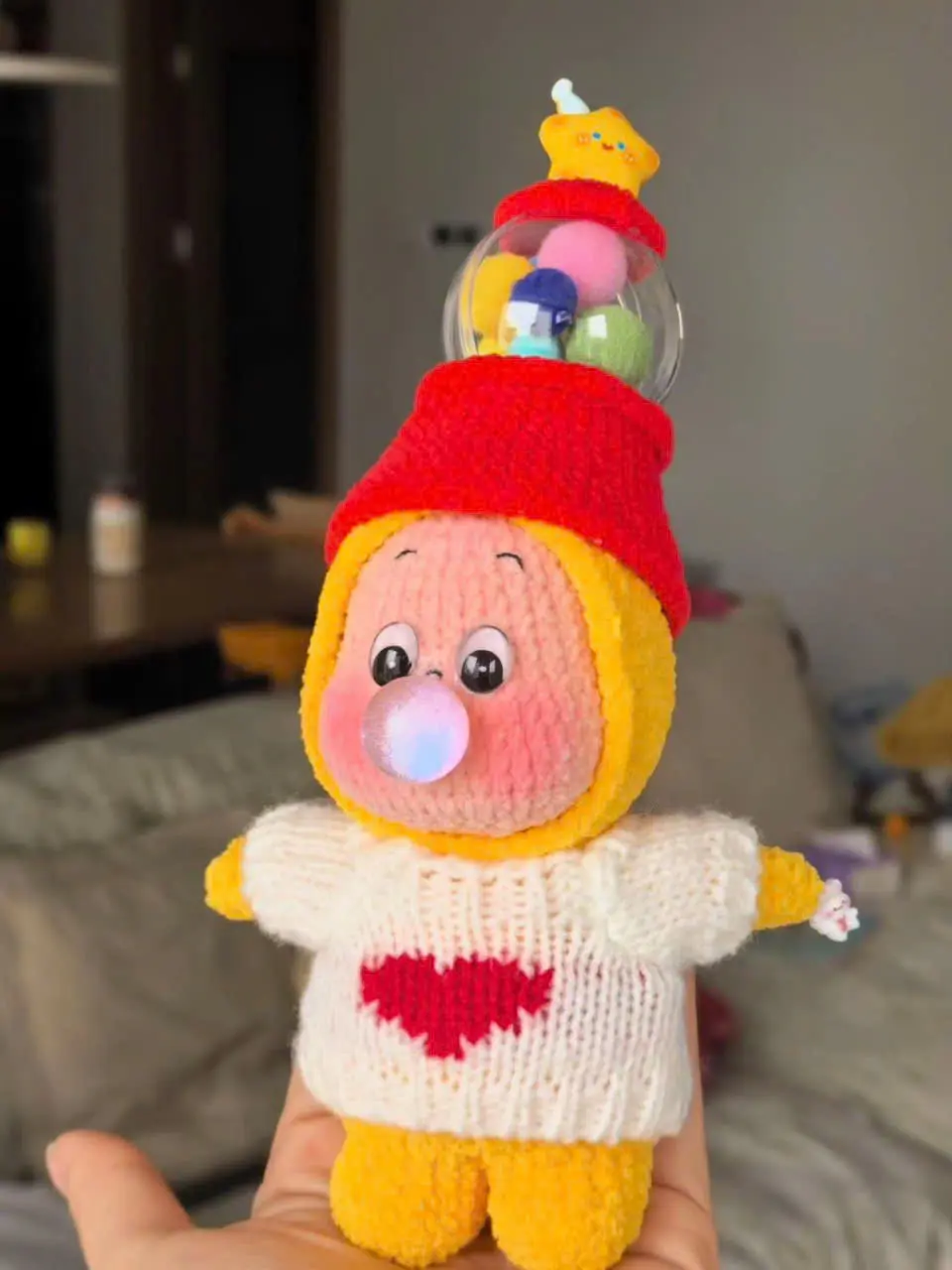 Cute Kawaii Plush Doll Keychain Bag Charm, Bubblegum Plush Toy Pendant with Red Heart Sweater & Gumball Machine Hat, Aesthetic Bag Accessories Gift