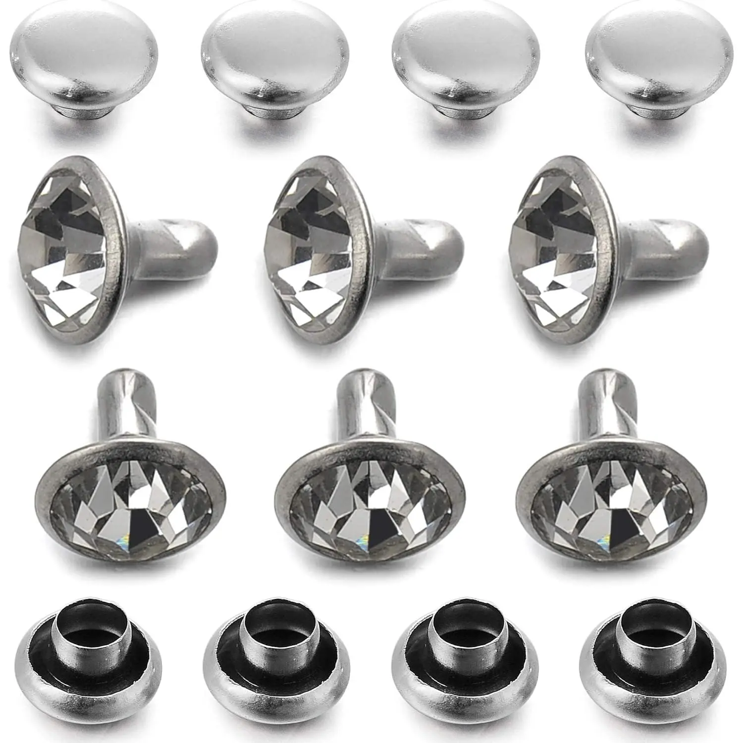 200 Sets Cz White Clear Crystal Rivets Rapid Rhinestone Silver Color Stud Rivets fit for DIY Leather-Craft and Garment (8 MM)