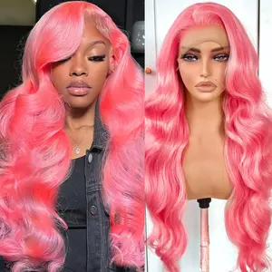 13x6 Pink Lace Front Wigs Human Hair Wigs for Women 180% Density Pink Lace Frontal Wig Body Wave with Natural Hairline Colored Pre Plucked Glueless 32 Inch