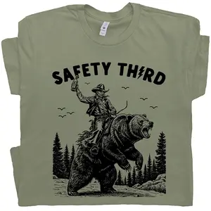 [SALE UP TO 40% ] Safety Third Funny Cowboy Shirt, Grizzly Bear Rider T-Shirt, Retro Western Graphic Tee, Outdoor Humor Gift for Men, Vintage Wild Animal Apparel Casual