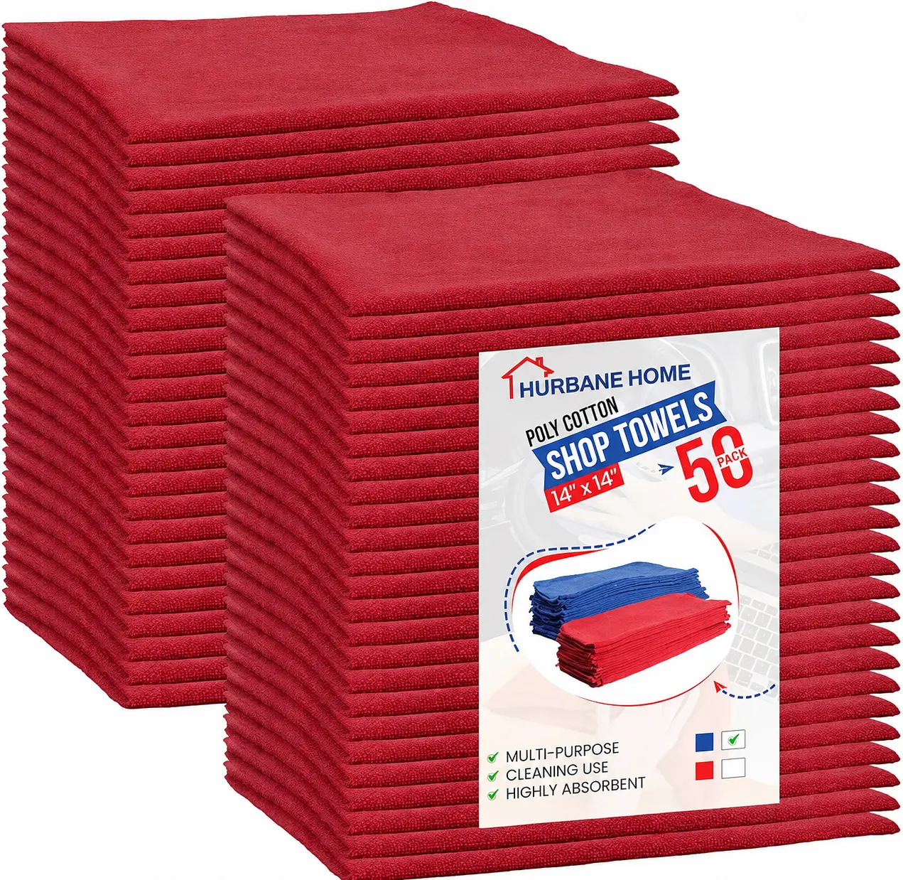 50 Pack - Red Reusable Rags 14 x 14 Shop Towels Polycotton Cleaning Cloth  Kitchen Towels Cleaning Highly Absorbent Lint-Free Shop Rags | Shop Towel Red, For Kitchen and for Shop Rags