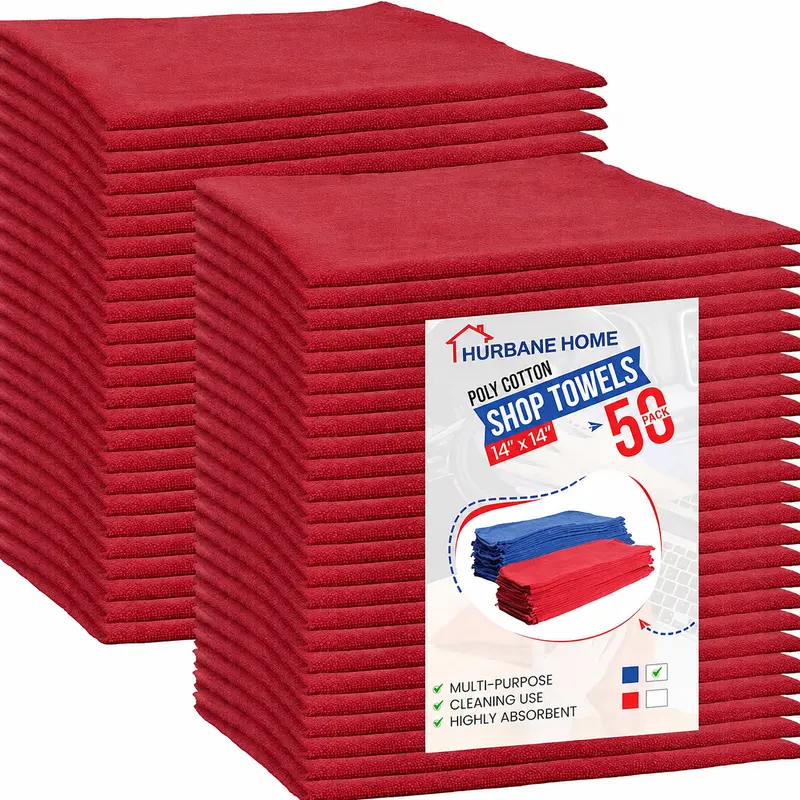 HURBANE HOME 50-Pack Red Lightweight Cotton Cleaning Towels, Shop Towels, 14x14 in Rectangle Polycotton Cloths for Car Washing & Everyday Use, Shop Towels. Multipurpose Reusable Towels