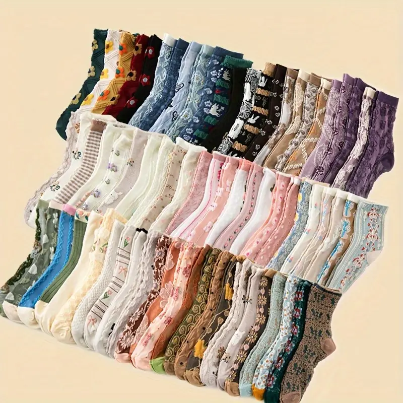 Women's 20 Pairs Mixed Vintage 3D Relief Forest Plant Floral Socks - Soft Comfy Casual Middle Socks for Ladies, Ideal for Daily Wear, Bridal Outfits, Soft Comfy Socks