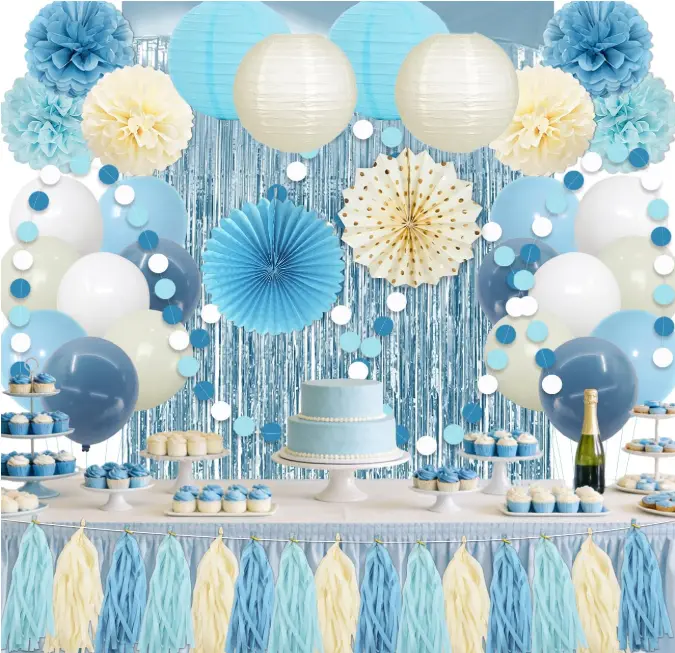 Dusty Blue Party Decoration Kit - Paper Fans, Pom Poms, Tassel Garland, Fringe Curtain, Balloons for Birthday, Baby Shower Festive & Party Supplies Backdrops