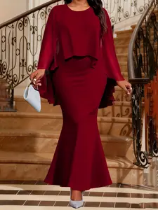 Elegant Plus Size Women's Cape Dress, Fitted Party Gown, Formal Wear, Plain Pattern, All Seasons, Perfect for Gatherings and Events