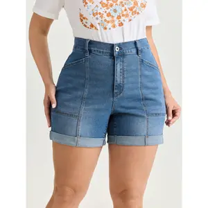 BLOOMCHIC Women's Plus Size Elastic Waist Folded Hem Straight-Leg Denim Shorts [M-6X] - 2026 Summer, Cotton-Spandex Fabric, Garment with Pocket, Spotlight Deals