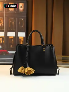 Classic Retro Large Capacity Tote Bag with 3D Flower Charm and Metal Studs Handbag