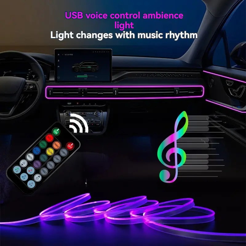 Sound Activated Car Ambient Light Strip - USB Powered RGB Neon LED Lights with Music Rhythm Sync & Remote for Ultimate Car Vibes