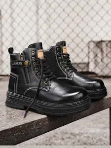 Unisex Height Boost Work Boots: Platform Height Increase, Shiny Texture, Convenient Side Zipper. For Office Commute/Campus Trips