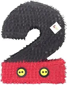 APINATA4U 20" Black & Red Number Two Pinata with Yellow Buttons - Perfect for Mouse Themed Second Birthday Party Supplies and Decorations!