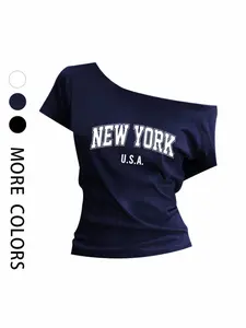 Women's Casual Commuter Loose Shoulder Cut Out T-Shirt, New York Letter Print, Y2K Style, Fashion Trendy Top for Daily Wear or Parties